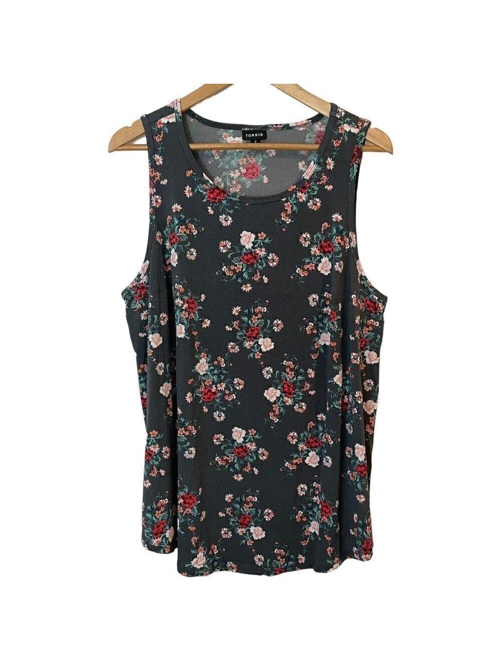 Torrid Grey Floral Crepe Tank Top Sz 2 Gray Stretchy Soft Sleeveless Casual EUC